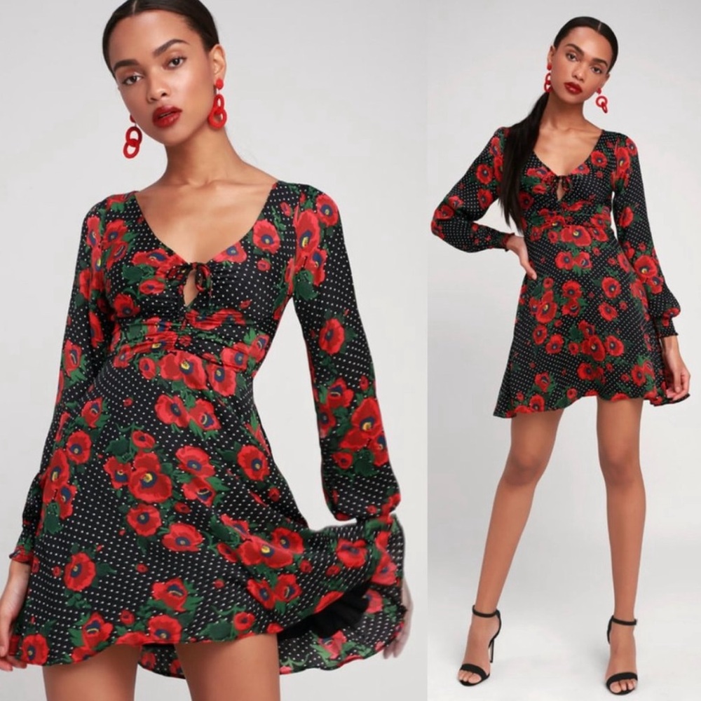 Free People Black and Red Floral Long Sleeve Dress